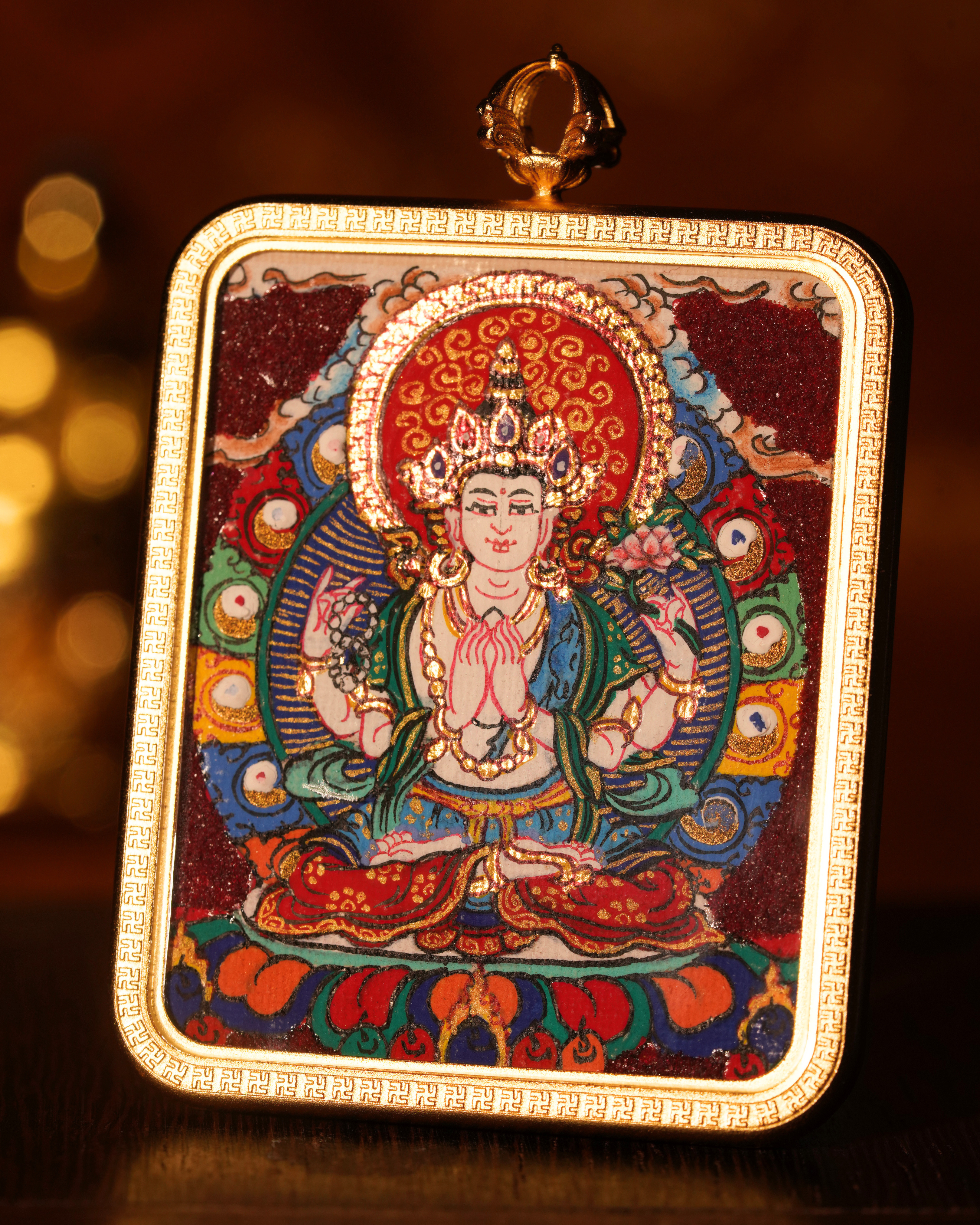 Four-Armed Avalokiteshvara Pendant — Cinnabar Jewel Edition